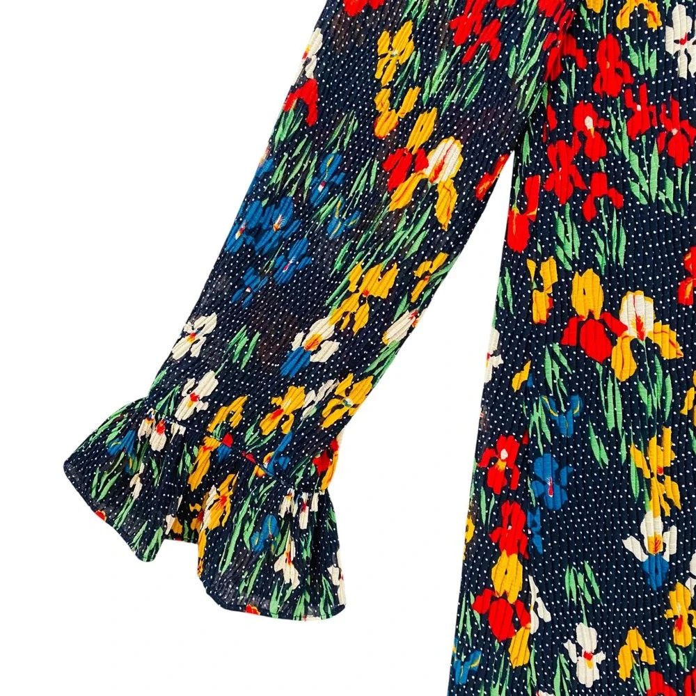 Tory Burch Navy Blue Floral Pleated Ruffle Button Front Shift Mini‎ Dress 6
